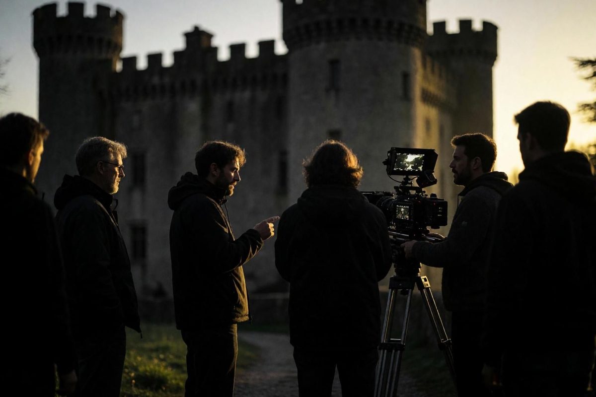 Stimmungsbild aus der FOKALiS-Bildwelt: Filmteam mit Kamera vor einer Burg im Abendlicht (KI-generiert)