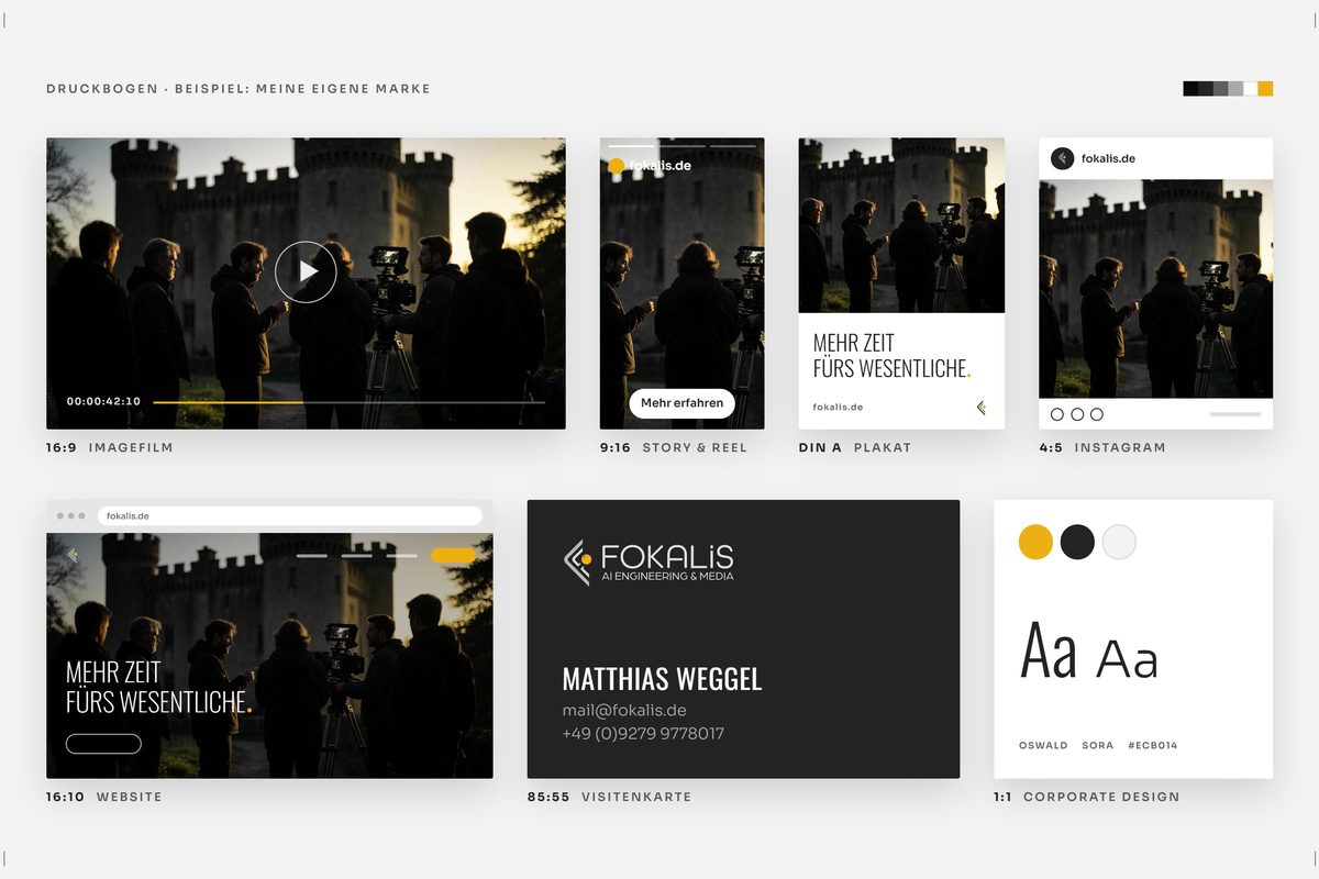 Druckbogen der eigenen Marke: Imagefilm, Story, Plakat, Instagram, Website, Visitenkarte und Gestaltungsregeln aus einem Motiv