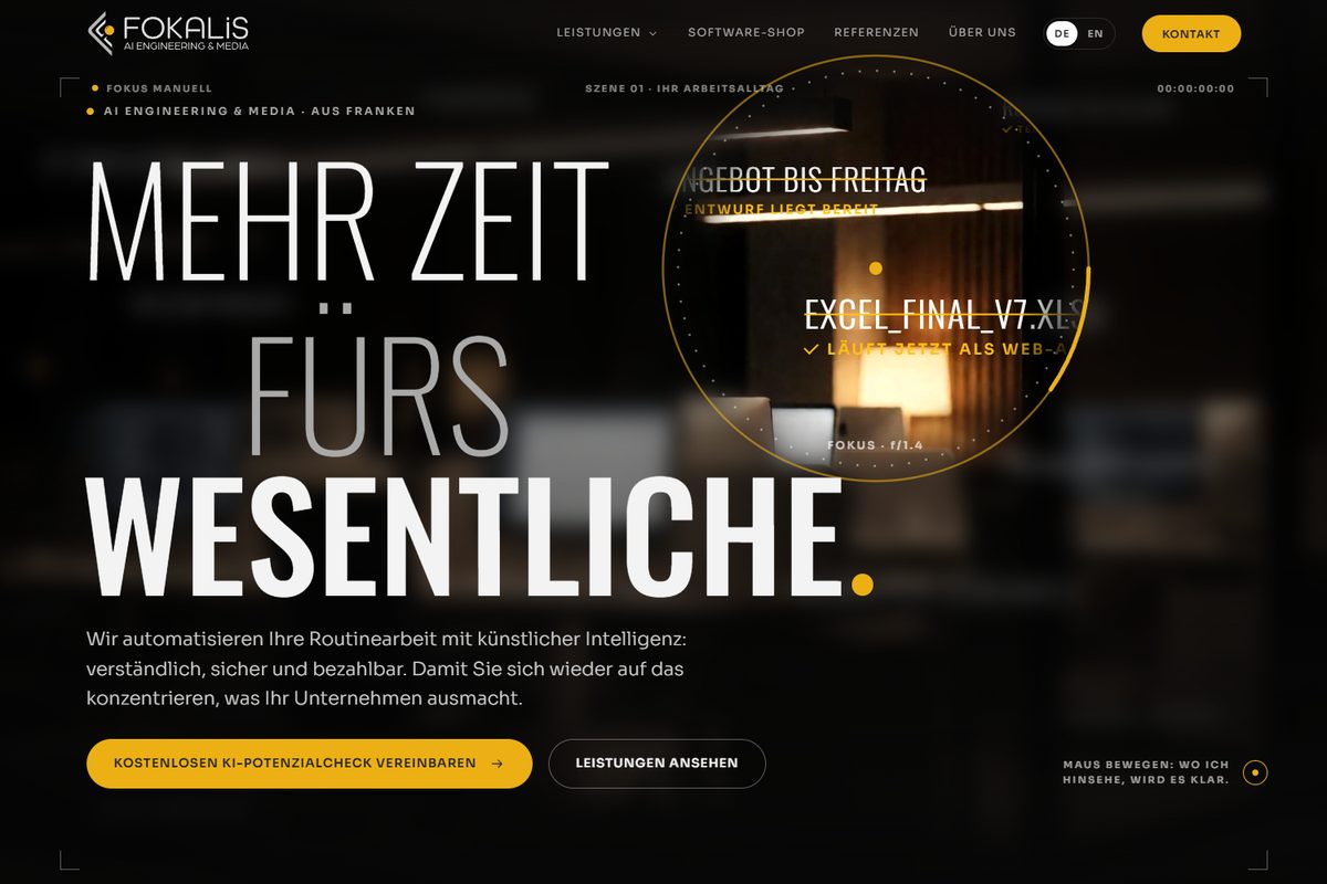 Startseite der FOKALiS-Website mit dem Claim „Mehr Zeit fürs Wesentliche.“