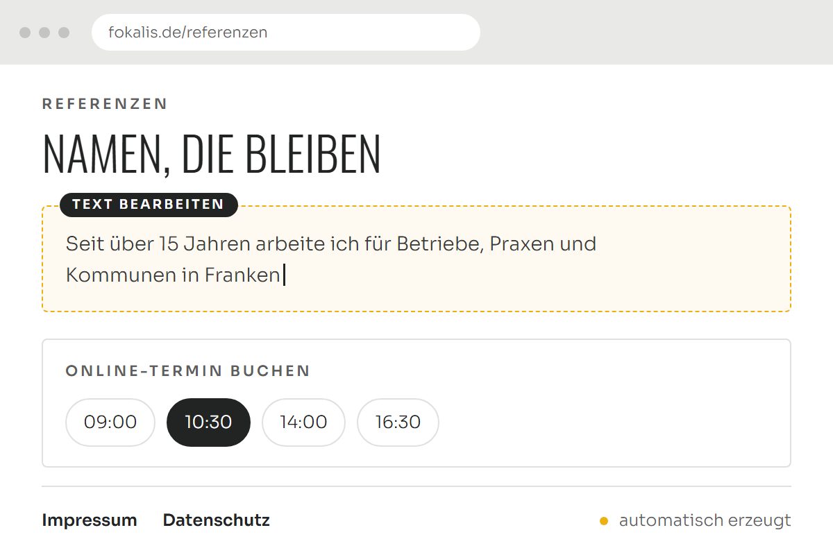 Skizze: Auf einer Website wird ein Text direkt bearbeitet, darunter Online-Terminbuchung sowie automatisch erzeugtes Impressum und Datenschutz