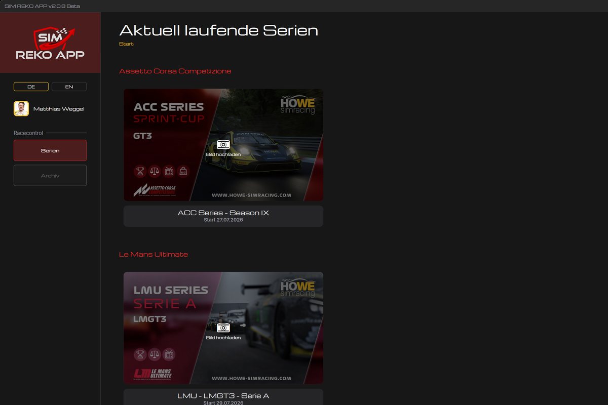 SIM REKO APP: Übersicht der aktuell laufenden Simracing-Serien